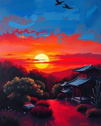 Experience a serene Zen garden at sunset through the medium of a classic oil painting. Rendered in a sophisticated style, thi