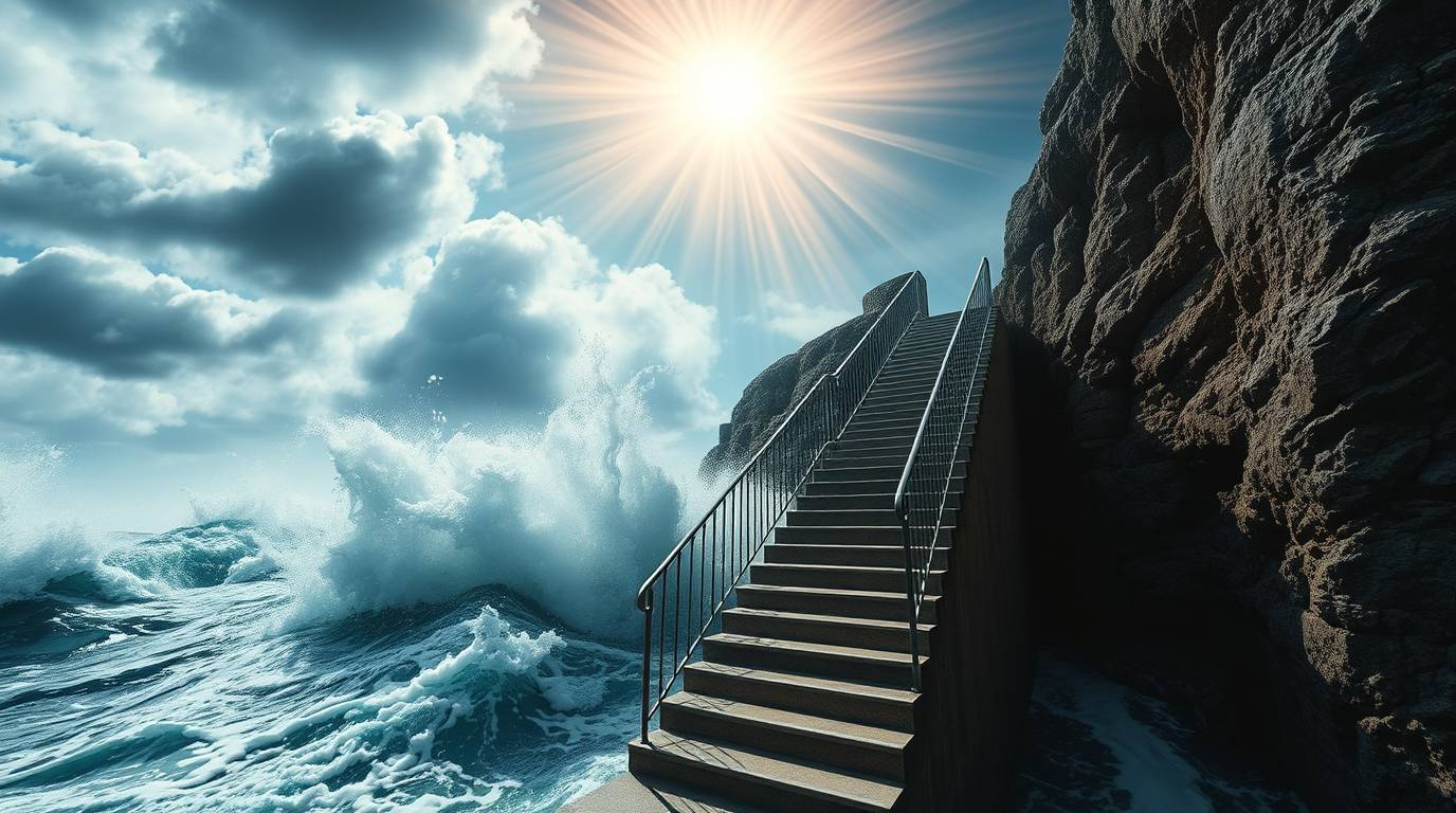 A dramatic staircase rising from a turbulent ocean towards a radiant sunburst sky, captured in sharp focus with a wide-angle 