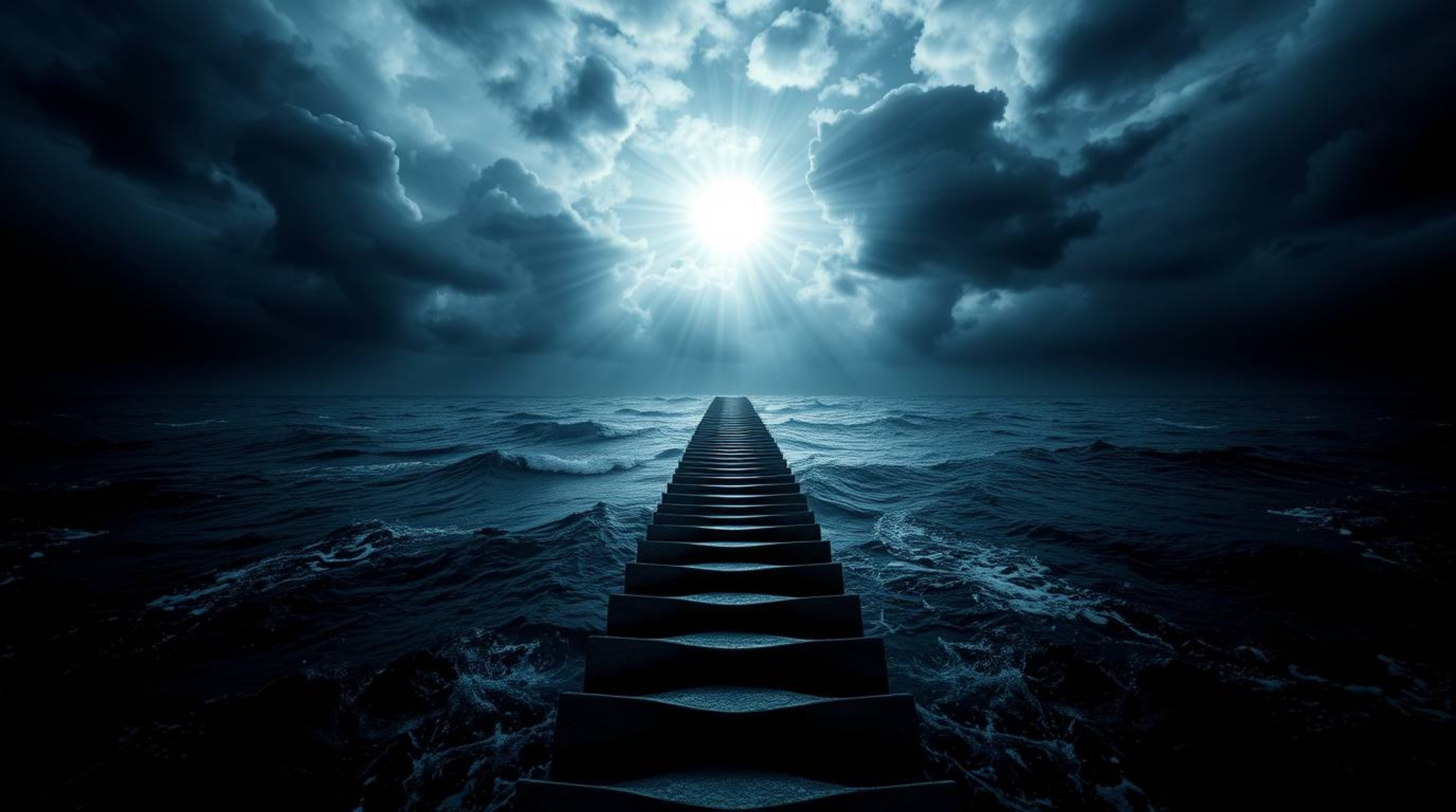 A high-contrast and unsettling image showcasing a dramatic ocean staircase ascending towards a stormy sky illuminated by a di