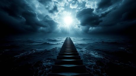 A high-contrast and unsettling image showcasing a dramatic ocean staircase ascending towards a stormy sky illuminated by a di