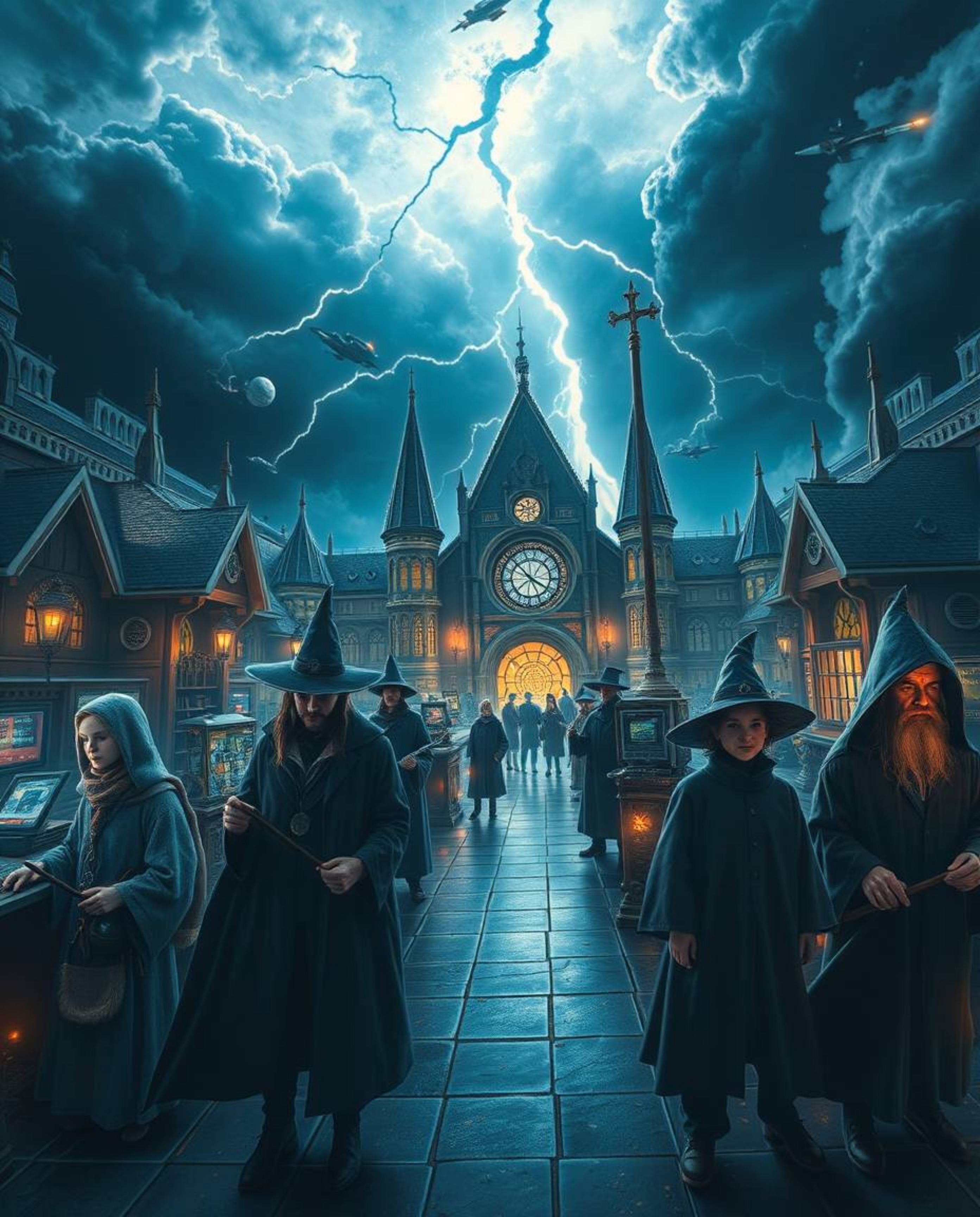 Discover a breathtaking hyperrealistic depiction of a futuristic magical school. Young wizards train amidst advanced technolo