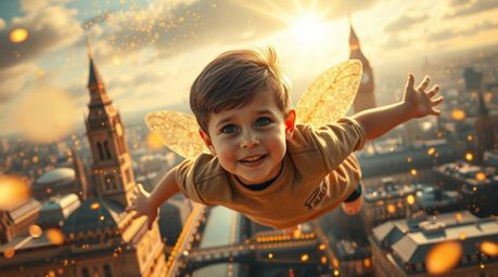 A captivating image of a young boy with rosy cheeks, soaring through the air above a vibrant London cityscape.  Bathed in war