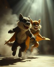 Experience a thrilling adventure featuring a talking animal sidekick assisting a hero, brought to life with dynamic motion an