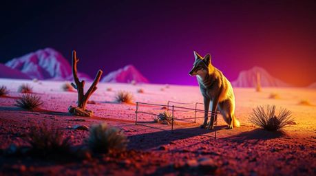 Witness a coyote's elaborate, almost comical, trap unfolding within a stunning desert setting. The scene is brought to life w