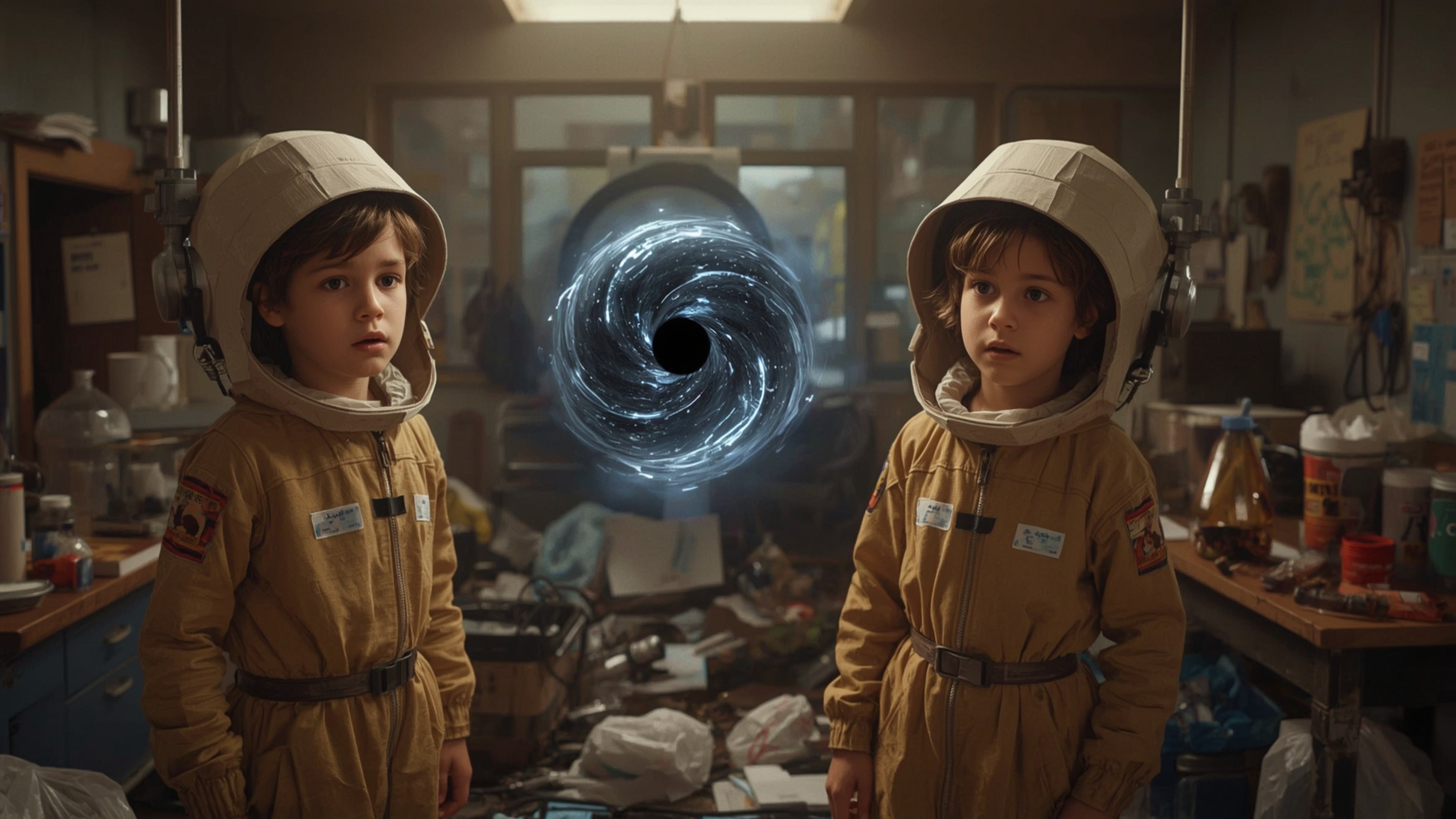 A highly detailed, cinematic photograph, reminiscent of Pixar's style, shows a science fair duo in a cluttered laboratory as 