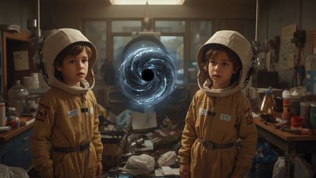 A highly detailed, cinematic photograph, reminiscent of Pixar's style, shows a science fair duo in a cluttered laboratory as 