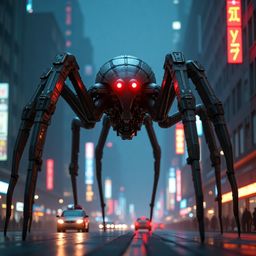 A colossal mechanical spider, a marvel of engineering with its silver and gray metallic plating, dominates a vibrant futurist