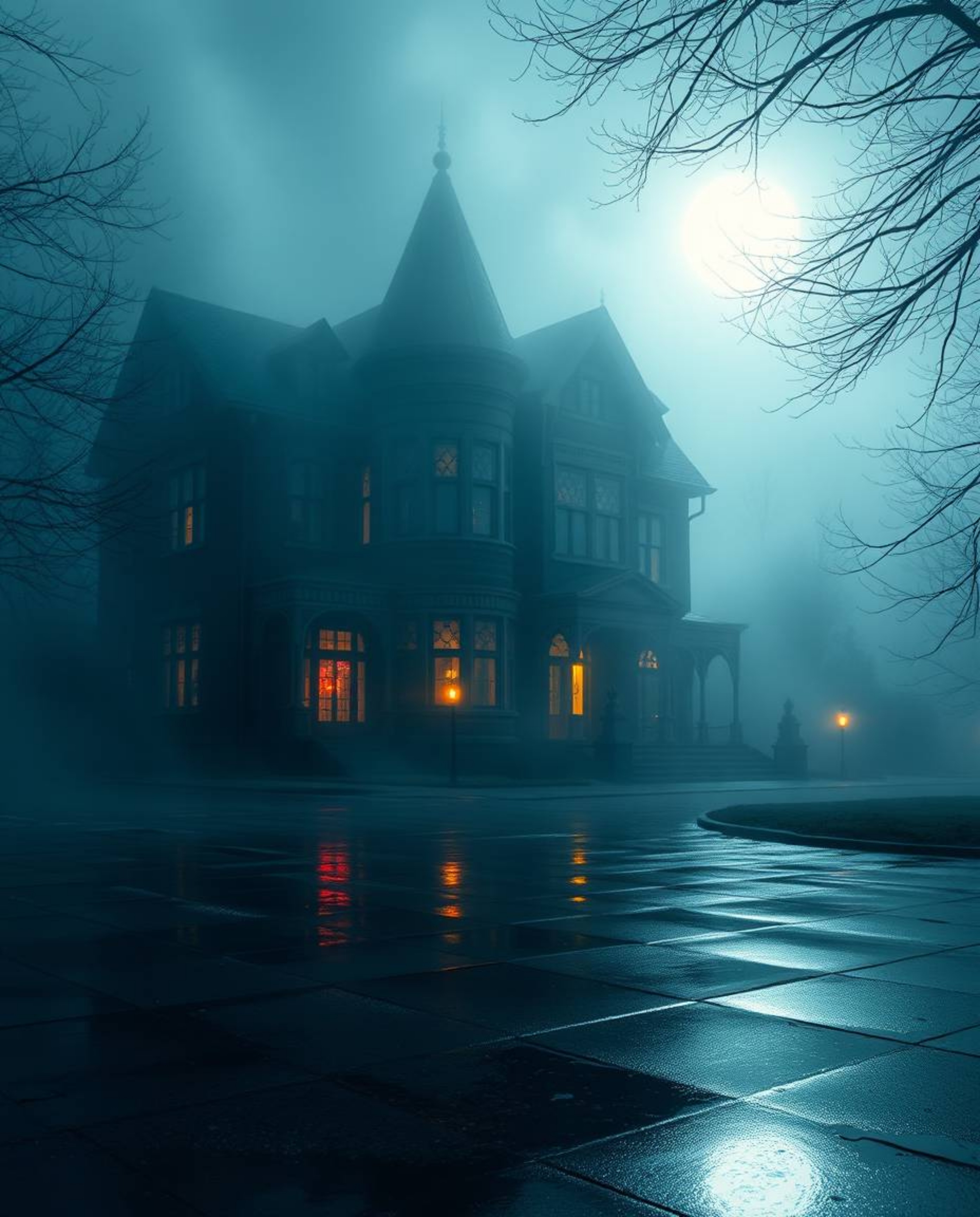 A fog-covered Victorian mansion bathed in the soft glow of moonlight, creating a captivating scene. Iridescent colors reflect