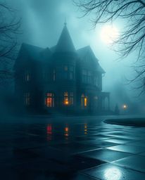 A fog-covered Victorian mansion bathed in the soft glow of moonlight, creating a captivating scene. Iridescent colors reflect