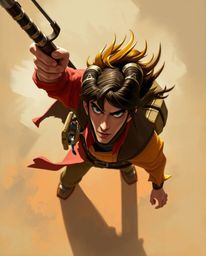 A brave hero embarks on an epic desert adventure in this digital painting, rendered in a Disney-style with loose, painterly s