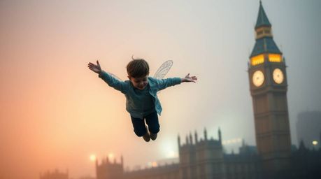A young boy, sprinkled with magical pixie dust, floats peacefully above the London skyline. The image evokes a dreamy, hazy