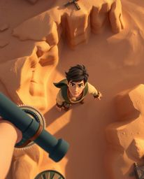Experience a breathtaking high-angle perspective of a brave Disney-style hero embarking on an epic desert adventure.  The vib