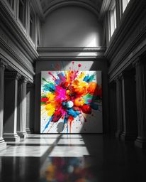 A stunning black and white architectural photograph juxtaposed with a vibrant explosion of colorful paint splashes on a white