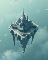 Explore a surreal floating island presented from a captivating high-angle perspective, showcasing strange and imaginative arc