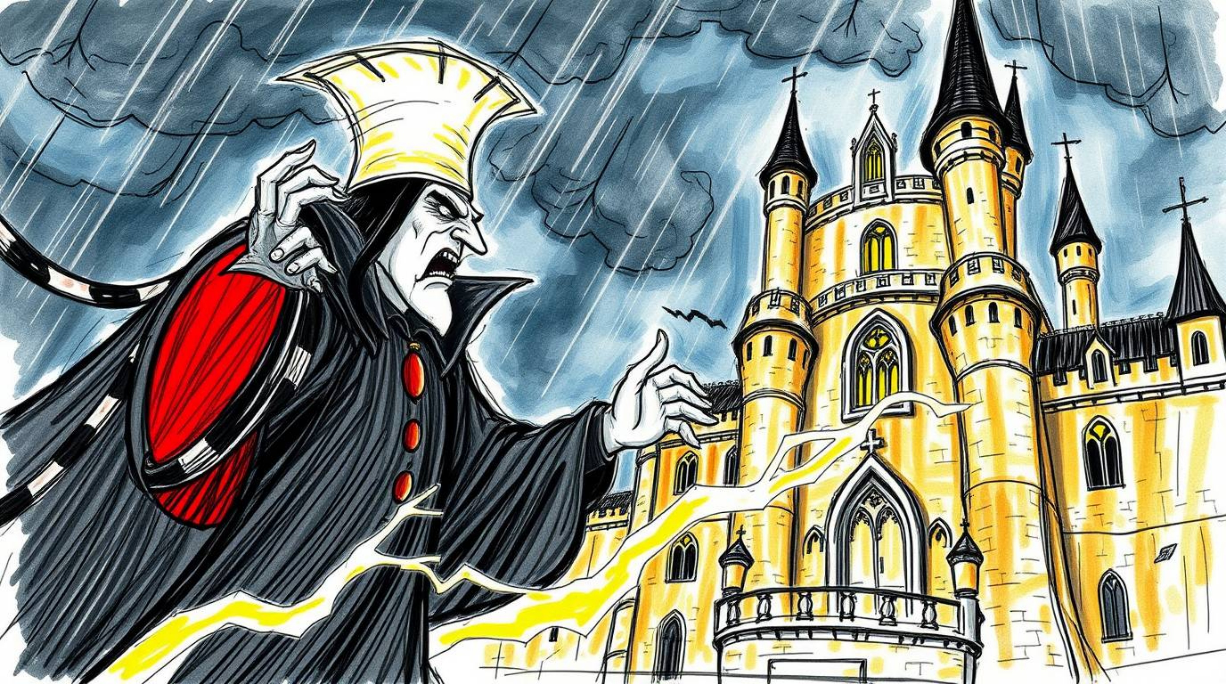 An intense, dramatic scene featuring a hand-drawn sketch of a classic Disney villain with dark features, casting a spell with