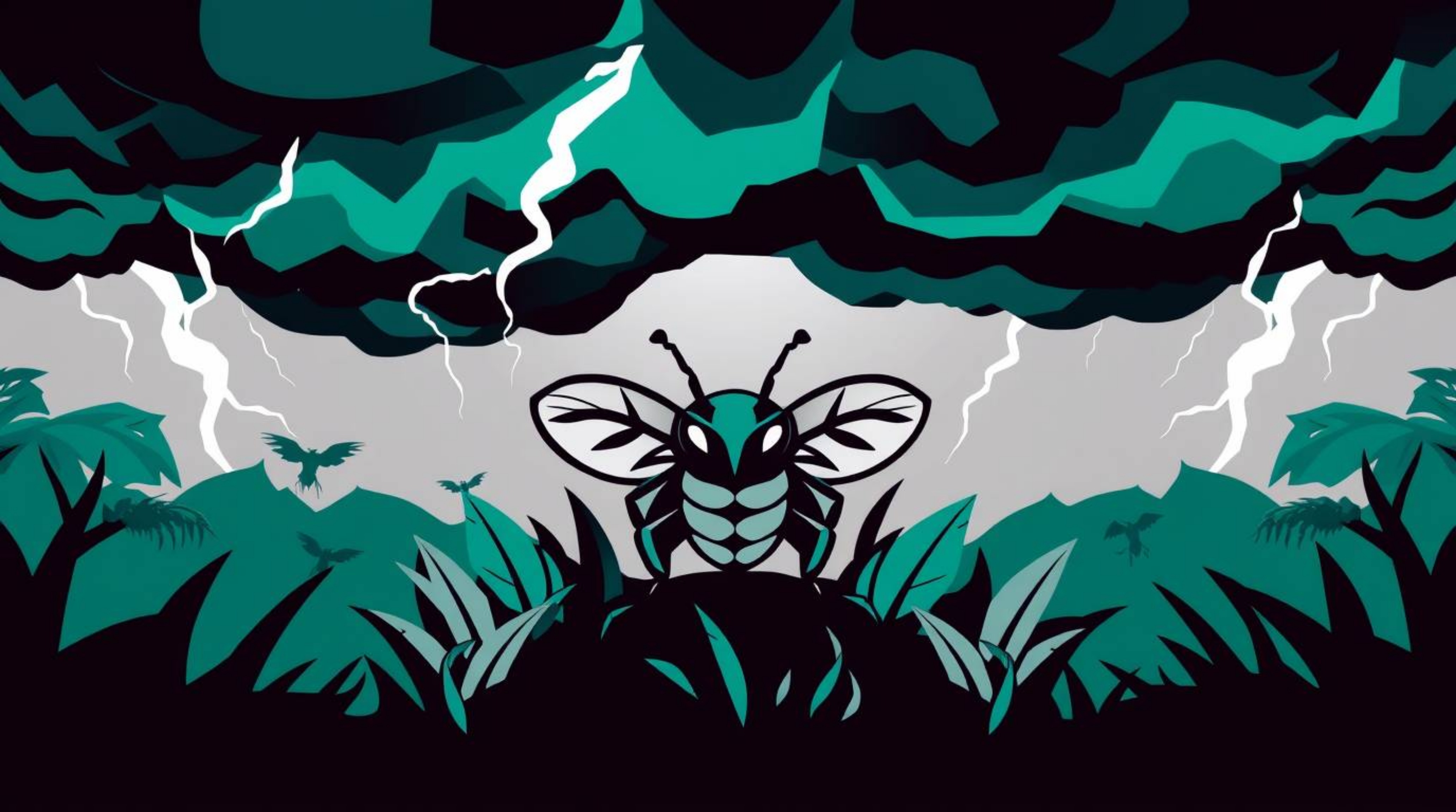 This stunning geometric logo features a bug-sized hero navigating a lush backyard jungle under a dramatic, stormy sky.  The d