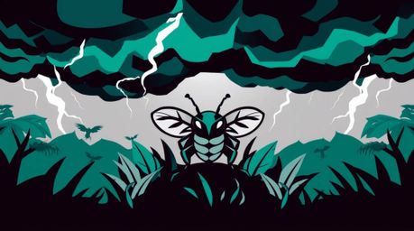 This stunning geometric logo features a bug-sized hero navigating a lush backyard jungle under a dramatic, stormy sky.  The d