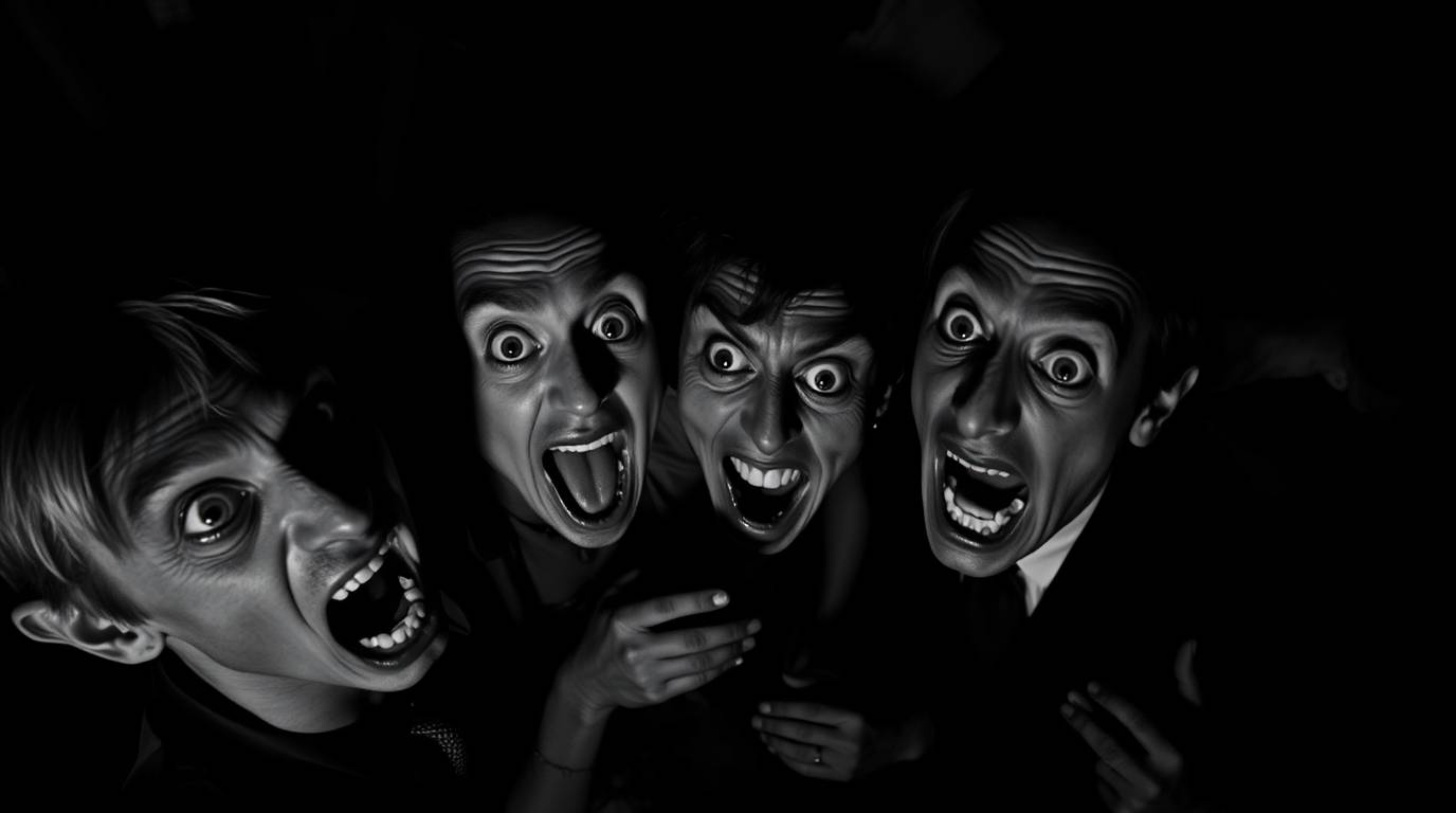 A darkly comedic high-angle photograph showcasing exaggerated expressions and stark shadows.  Rendered in intense black and w