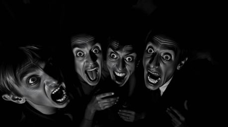 A darkly comedic high-angle photograph showcasing exaggerated expressions and stark shadows.  Rendered in intense black and w