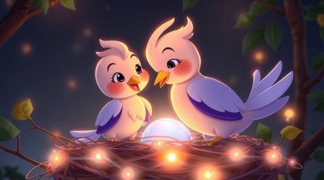 Two charming cartoon birds diligently construct a nest in a classic animation style, brought to life with glowing bioluminesc