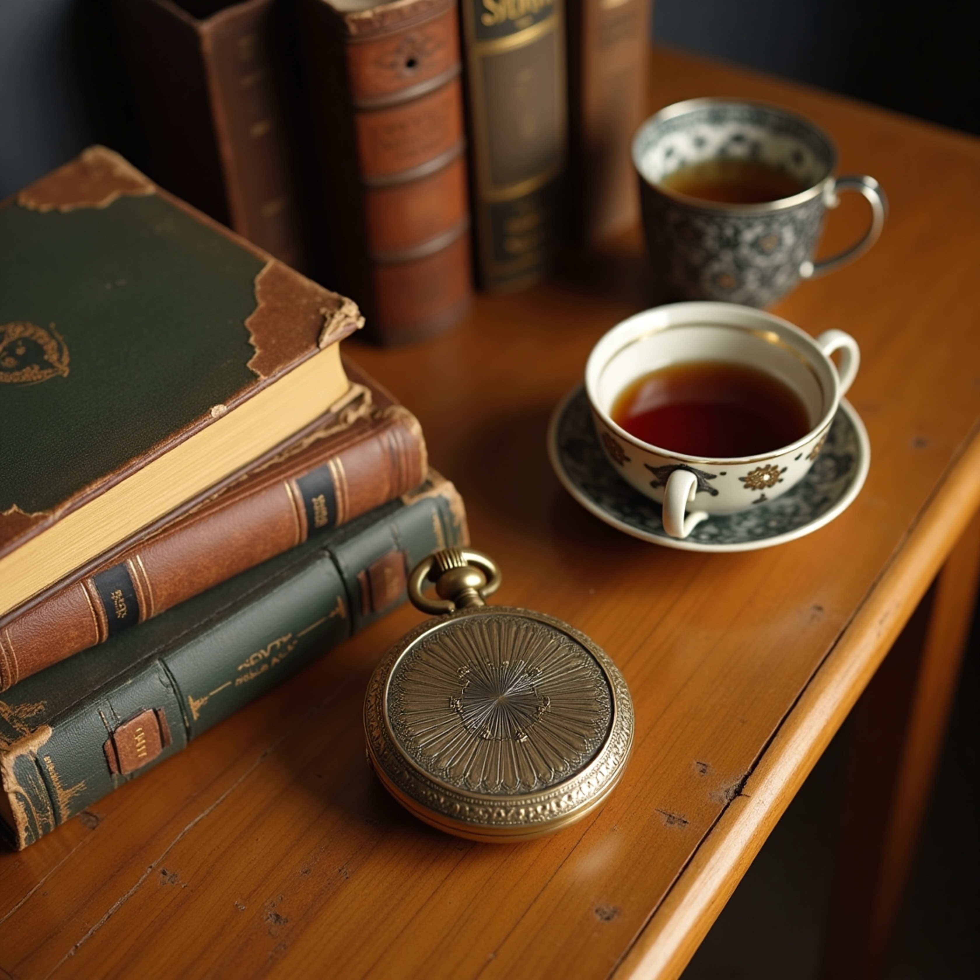 A captivating image of a worn, honey-brown wooden table showcasing a collection of vintage leather-bound books, an antique po
