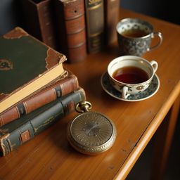 A captivating image of a worn, honey-brown wooden table showcasing a collection of vintage leather-bound books, an antique po