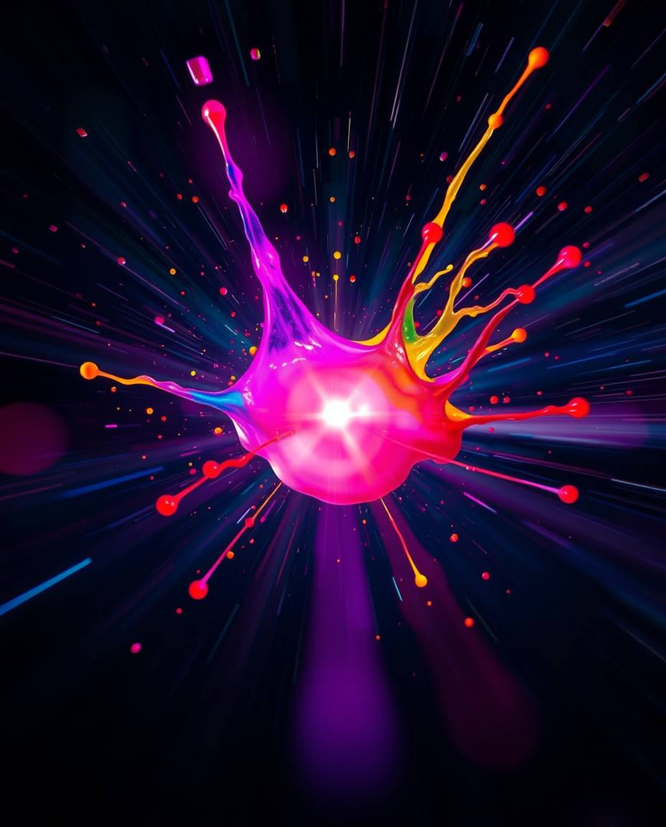 A captivating high-speed photograph captures a vibrant paint splash suspended in mid-air, showcasing intense and saturated co