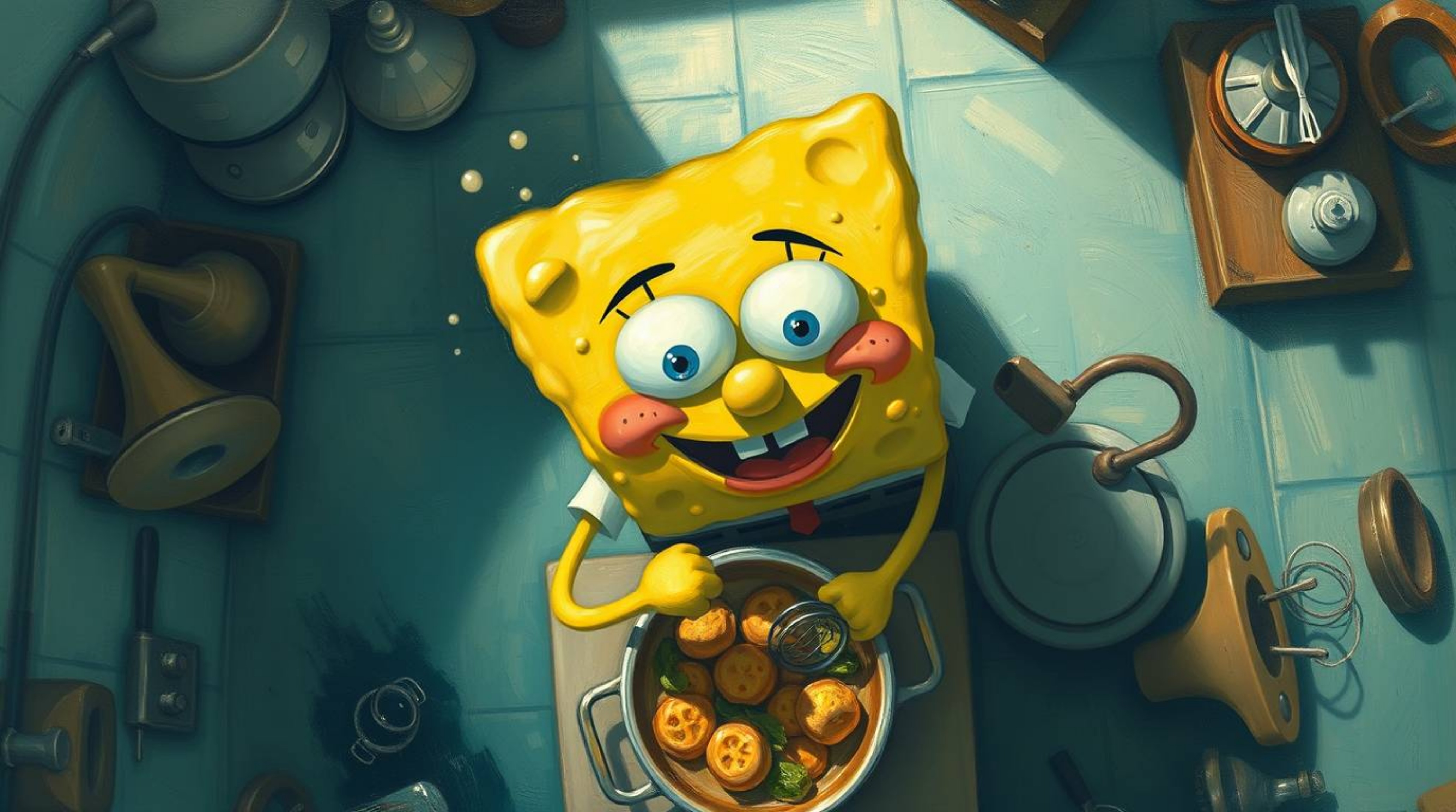 A captivating overhead bird’s eye view of a classic oil painting depicting a sponge character diligently cooking in a whimsic