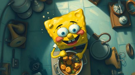 A captivating overhead bird’s eye view of a classic oil painting depicting a sponge character diligently cooking in a whimsic