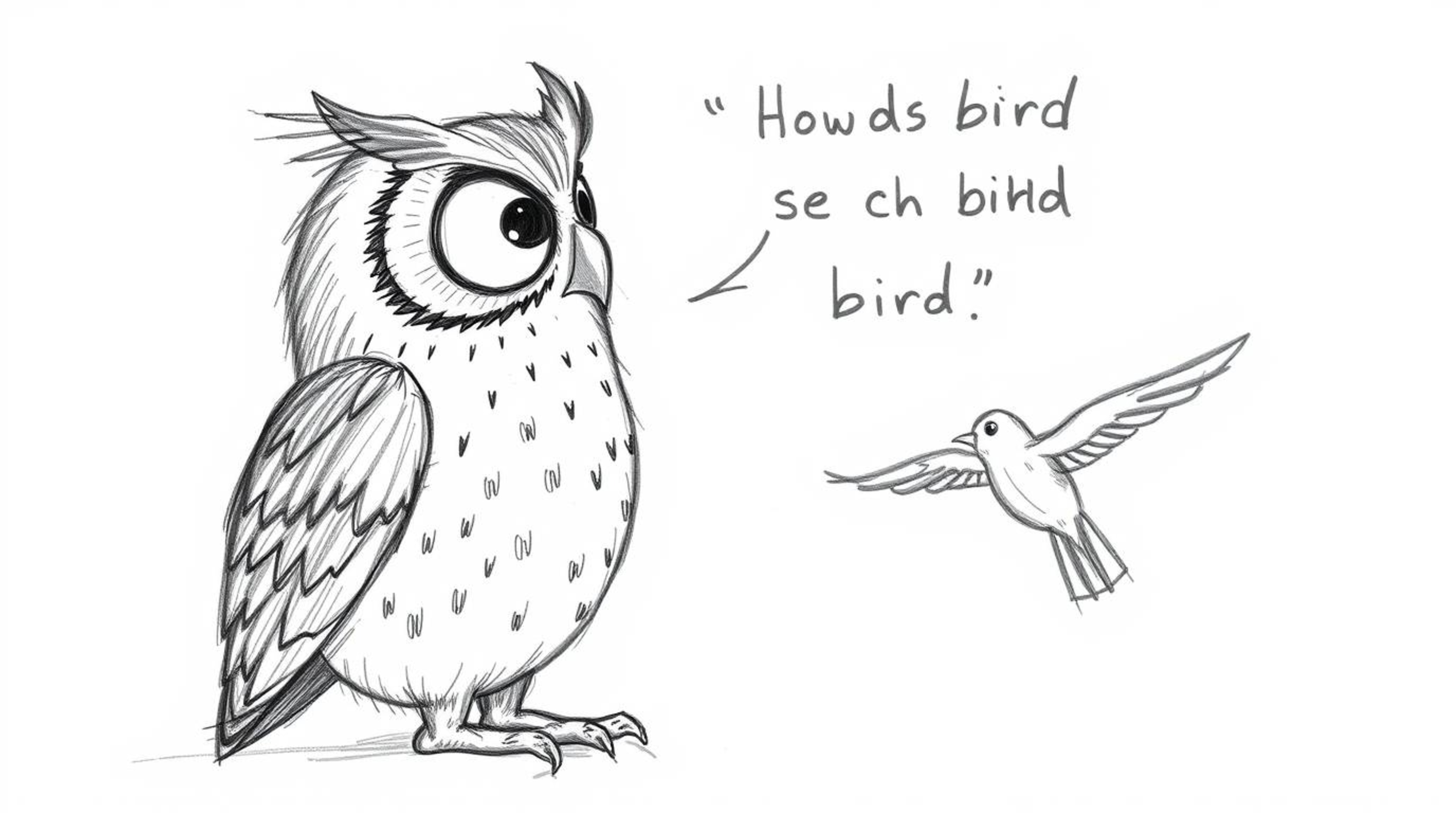 A heartwarming hand-drawn sketch in the style of Pixar depicts a blind owl, its features defined by rough pencil strokes, as 