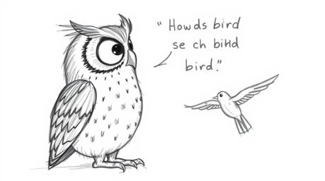 A heartwarming hand-drawn sketch in the style of Pixar depicts a blind owl, its features defined by rough pencil strokes, as 