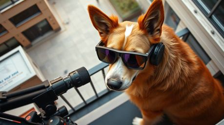 A thrilling high-angle shot captures a dog detective utilizing advanced technology during an investigation.  The image showca