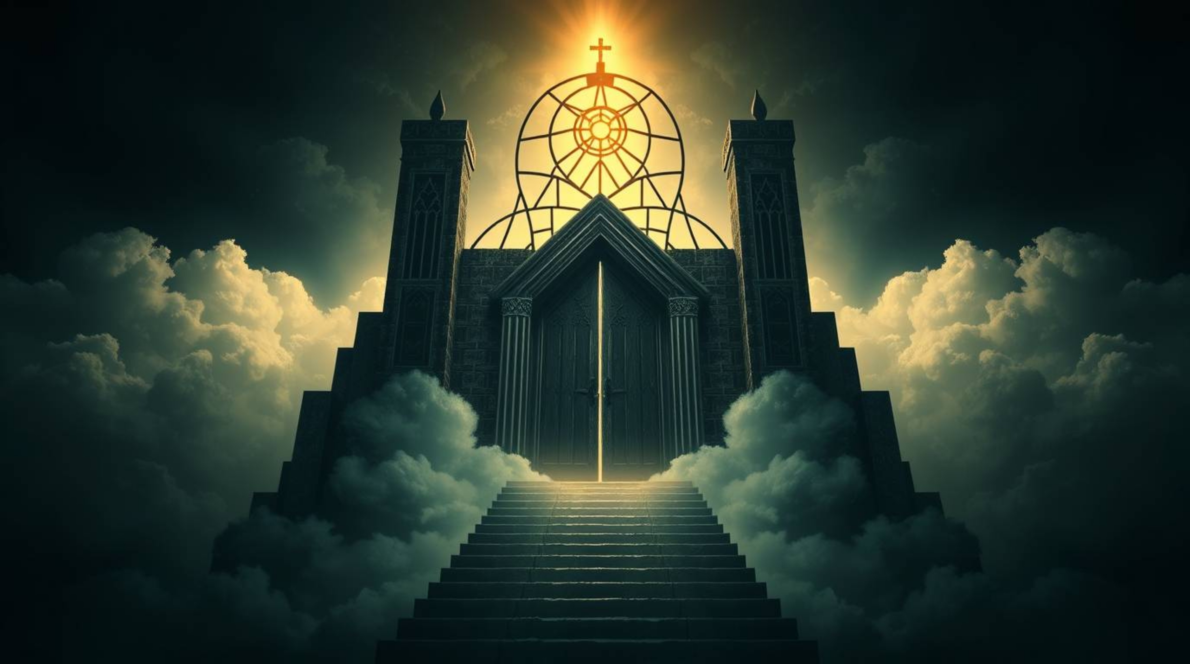 A captivating logo design featuring a heavenly gate floating above clouds, accessed by a staircase.  Geometric shapes and cle