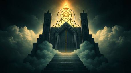 A captivating logo design featuring a heavenly gate floating above clouds, accessed by a staircase.  Geometric shapes and cle