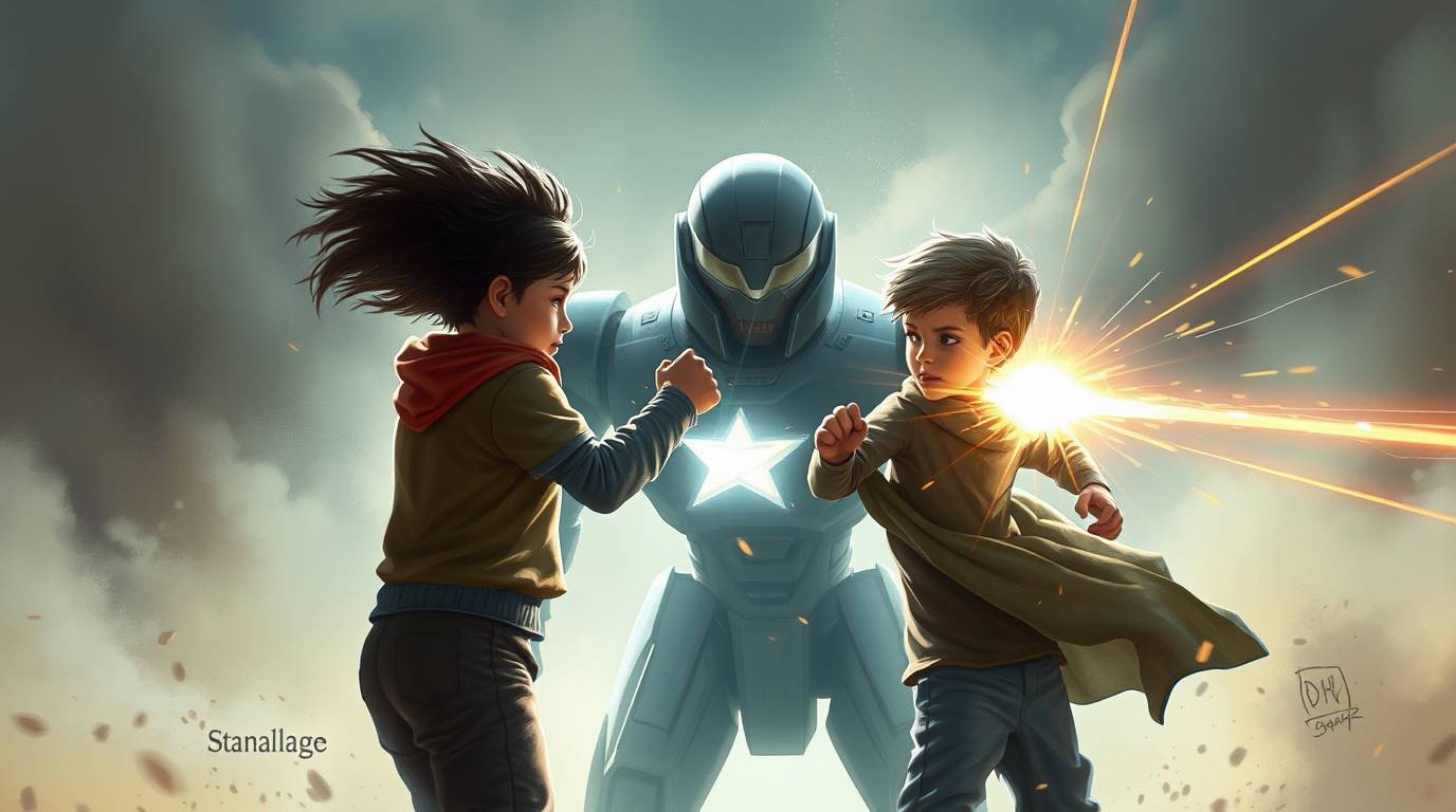 A captivating digital painting depicts three superpowered children engaged in a fierce battle against a formidable robot. Ren