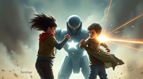 A captivating digital painting depicts three superpowered children engaged in a fierce battle against a formidable robot. Ren