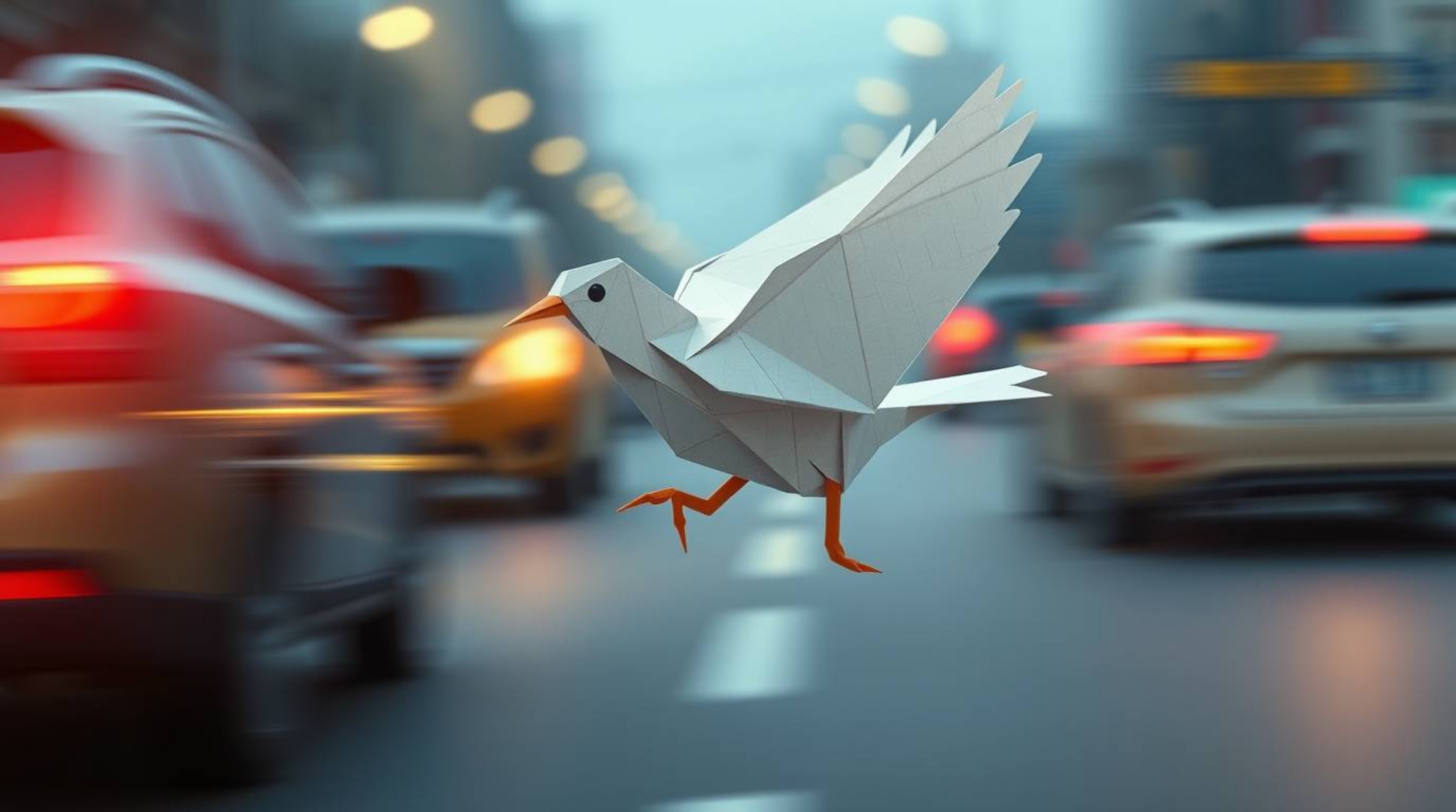 A stunning origami representation of a fast-running bird speeds past bustling traffic. The image is bathed in soft, diffused 