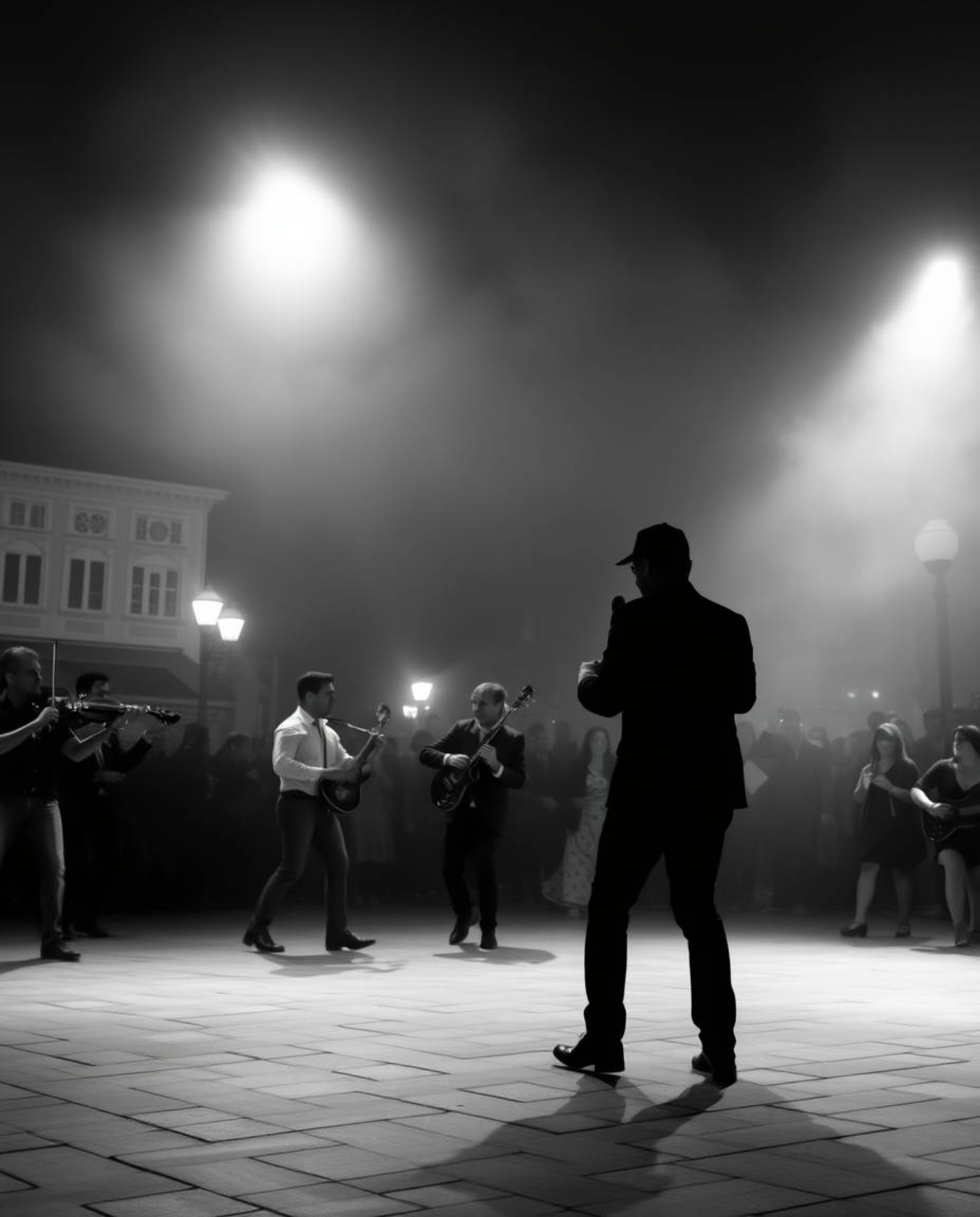 A captivating black and white photograph captures a musical performance in a brightly lit town square.  Thick fog adds a laye
