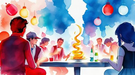 A vibrant watercolor painting depicts a wild food fight in a cartoon cafeteria.  The artwork features glowing bioluminescent 