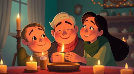 Experience a heartwarming family reunion depicted in a vibrant Pixar-style illustration.  Warm candlelight casts a soft glow 