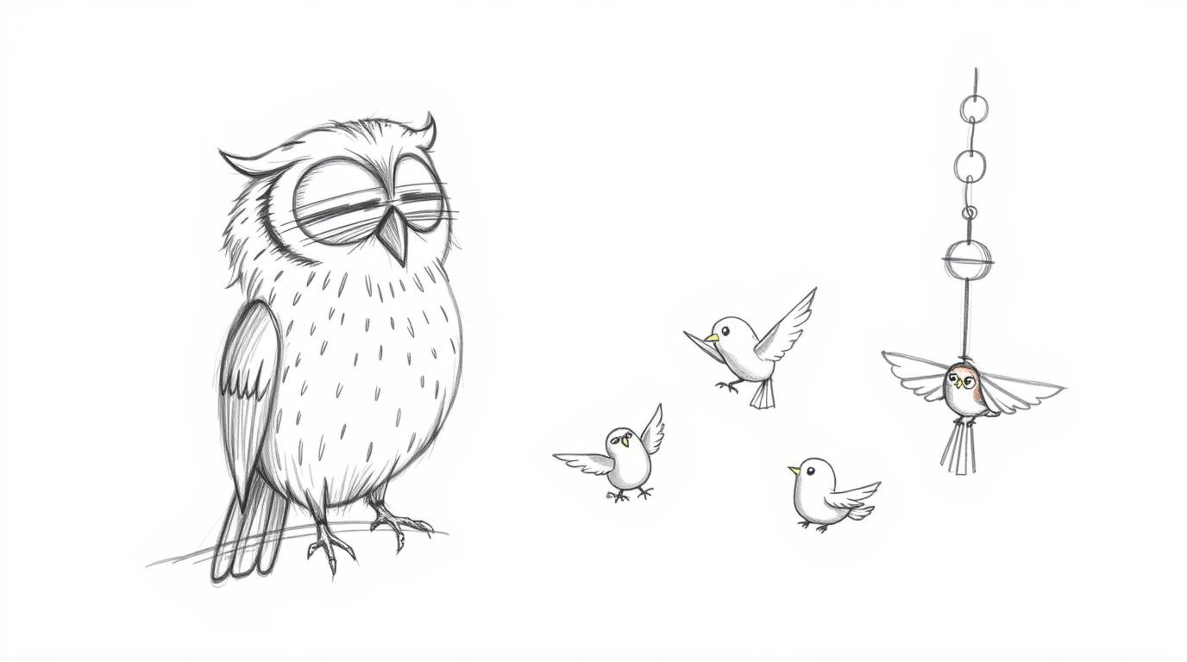 This whimsical hand-drawn sketch in the style of Pixar depicts a heartwarming scene of a blind owl with soft, feathery textur