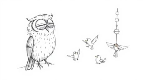 This whimsical hand-drawn sketch in the style of Pixar depicts a heartwarming scene of a blind owl with soft, feathery textur