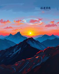 Experience a high-alpine peak sunset captured in the style of a classic oil painting. This elegant piece is rendered in a sop