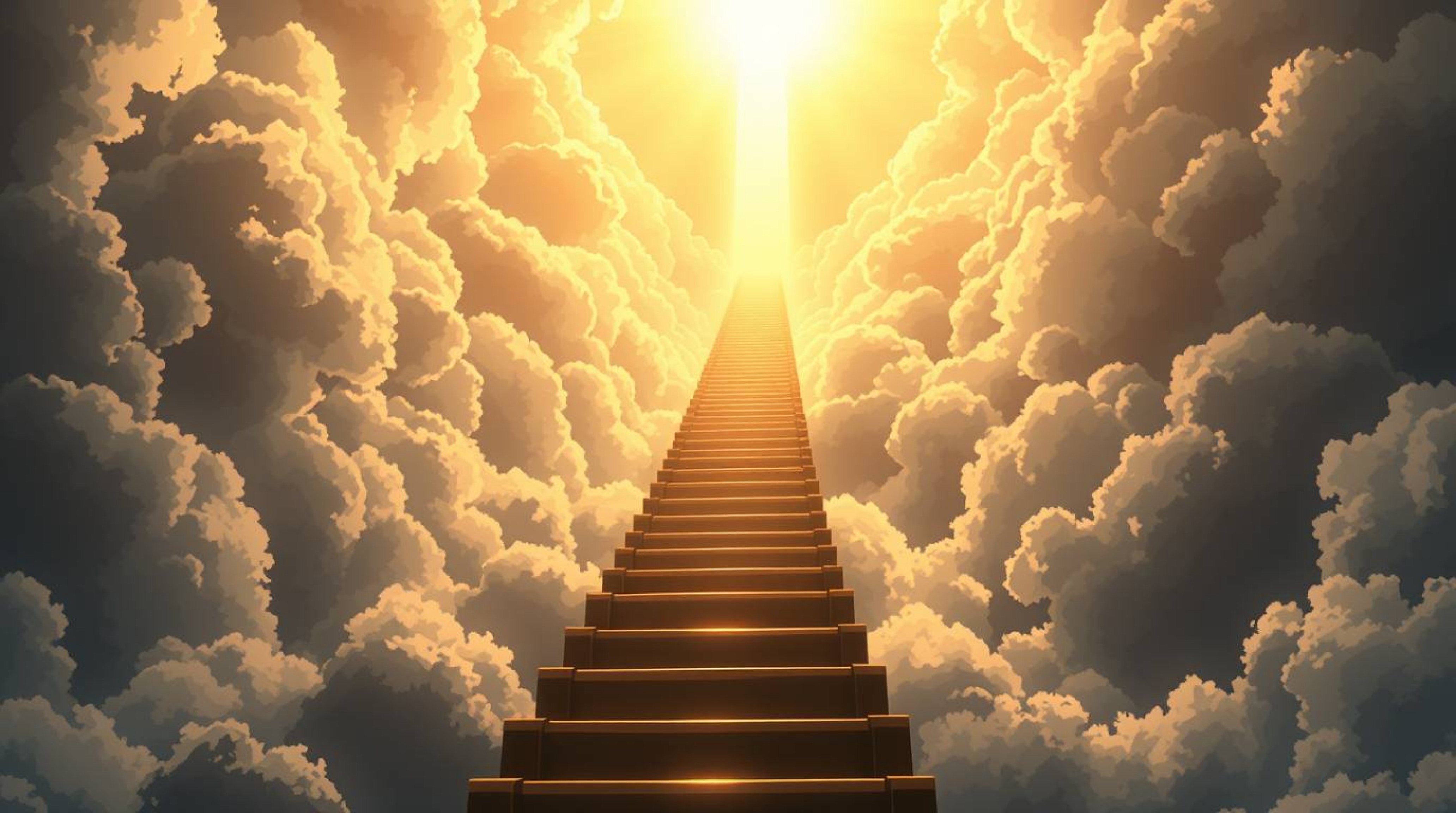 A breathtaking isekai anime scene featuring a golden staircase ascending through billowing clouds towards a radiant heaven. T