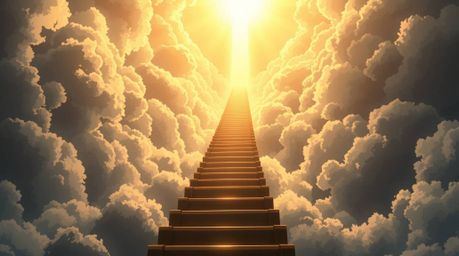 A breathtaking isekai anime scene featuring a golden staircase ascending through billowing clouds towards a radiant heaven. T
