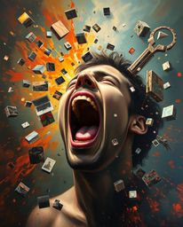 A captivating digital artwork depicting a person screaming as their world fractures into vibrant pixelated fragments, rendere