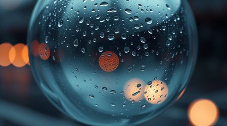 A tight close-up shot showcasing a glass object reflecting smooth gradient textures, perfectly capturing a wet and rainy scen