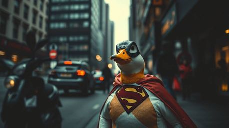 Candid street photography capturing a duck in a whimsical superhero costume within an urban environment. The images feature h