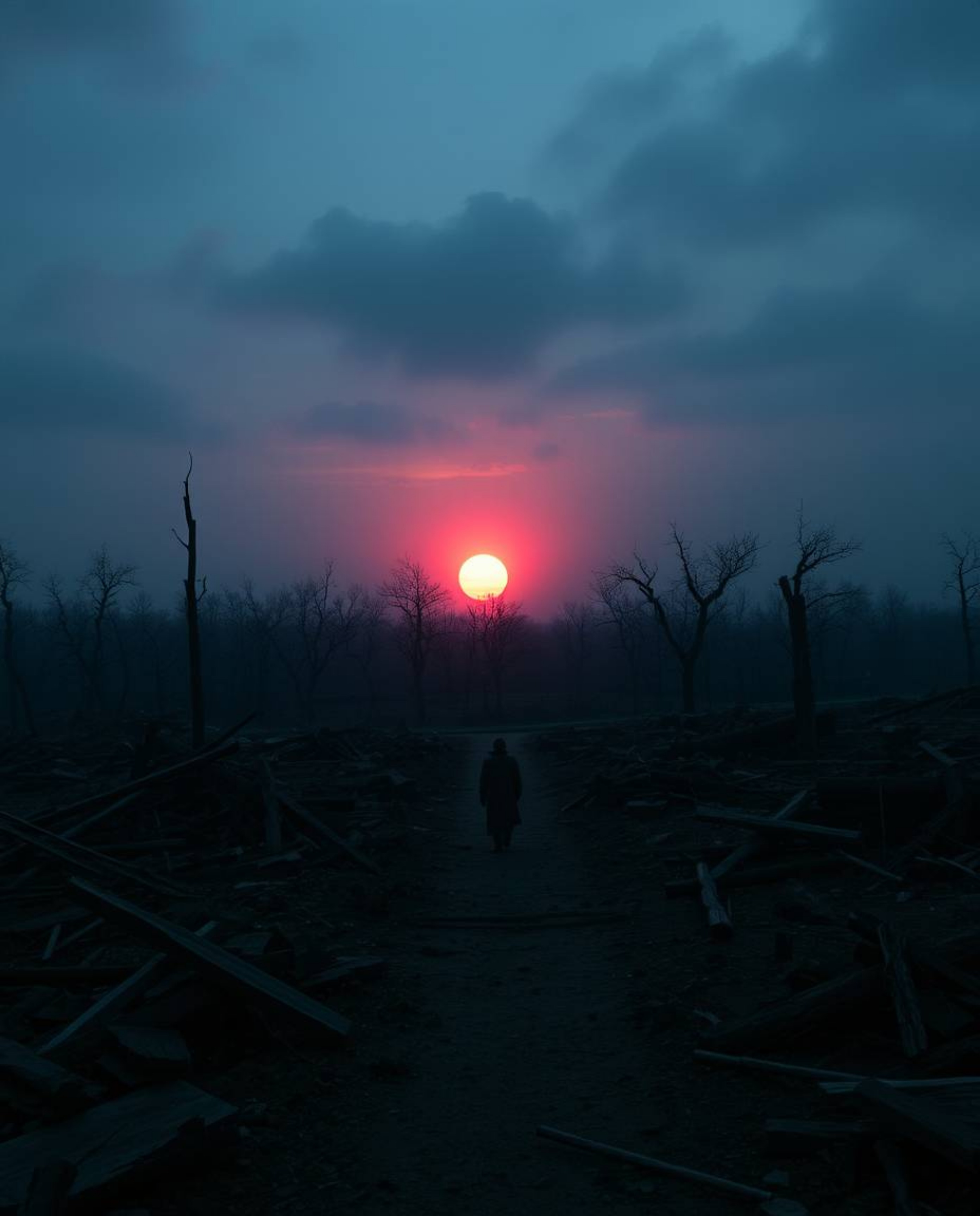 A haunting image depicts a sunrise over a war-torn landscape, rendered in eerie, dark tones.  The unsettling details highligh