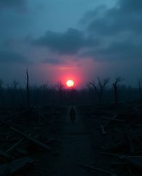 A haunting image depicts a sunrise over a war-torn landscape, rendered in eerie, dark tones.  The unsettling details highligh